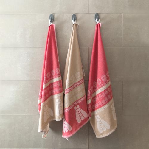 Lot de 3 torchons rouge/taupe 50x80cm - "Carmin