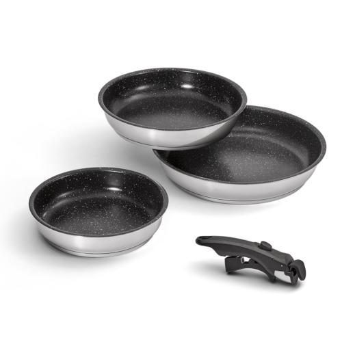 3 Poêles inox 20/24/28cm - Amovible antiadhésif induction