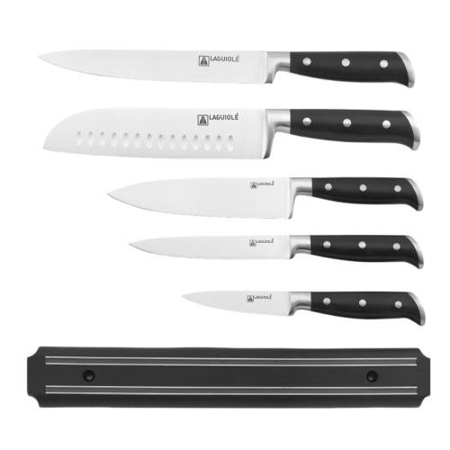 Set de 5 couteaux avec barre magnétique en acier noir - "Enzo"