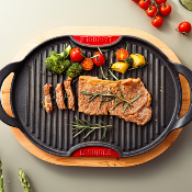 Grill ovale en fonte rouge 36cm avec support en bois