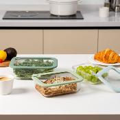 Lot de 3 boîtes en verre rectangulaires avec couvercle 640/1050/1520ml